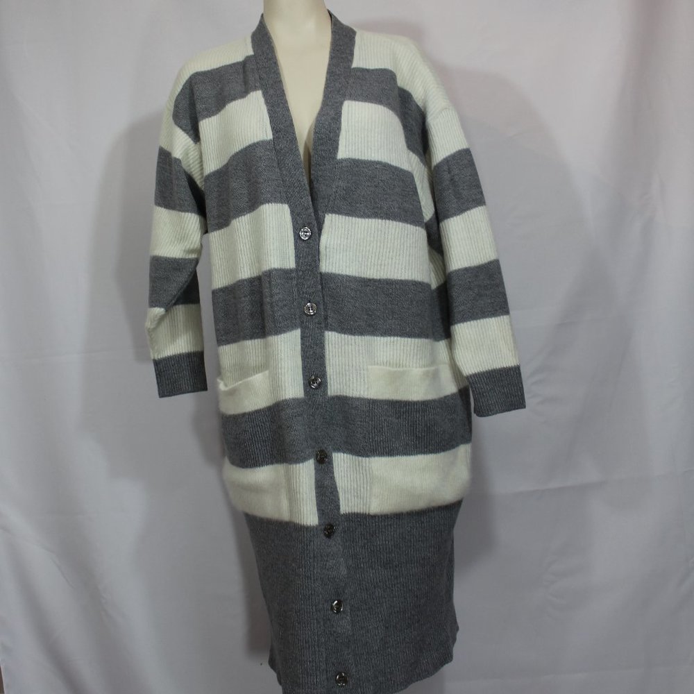 VTG Lucia Grey White Stripes  Cardigan button down  Wool Blended Size Large (12)